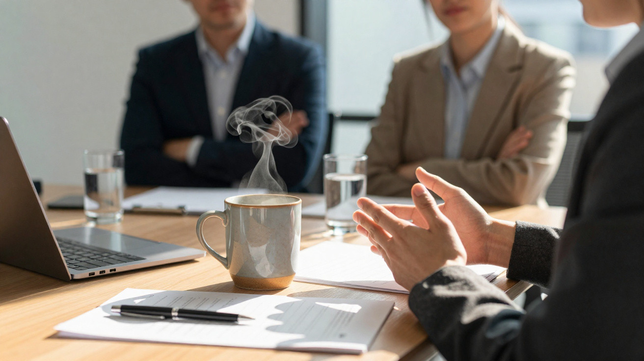 Reunião de negócios com três pessoas, chá quente e documentos sobre a mesa de escritório.