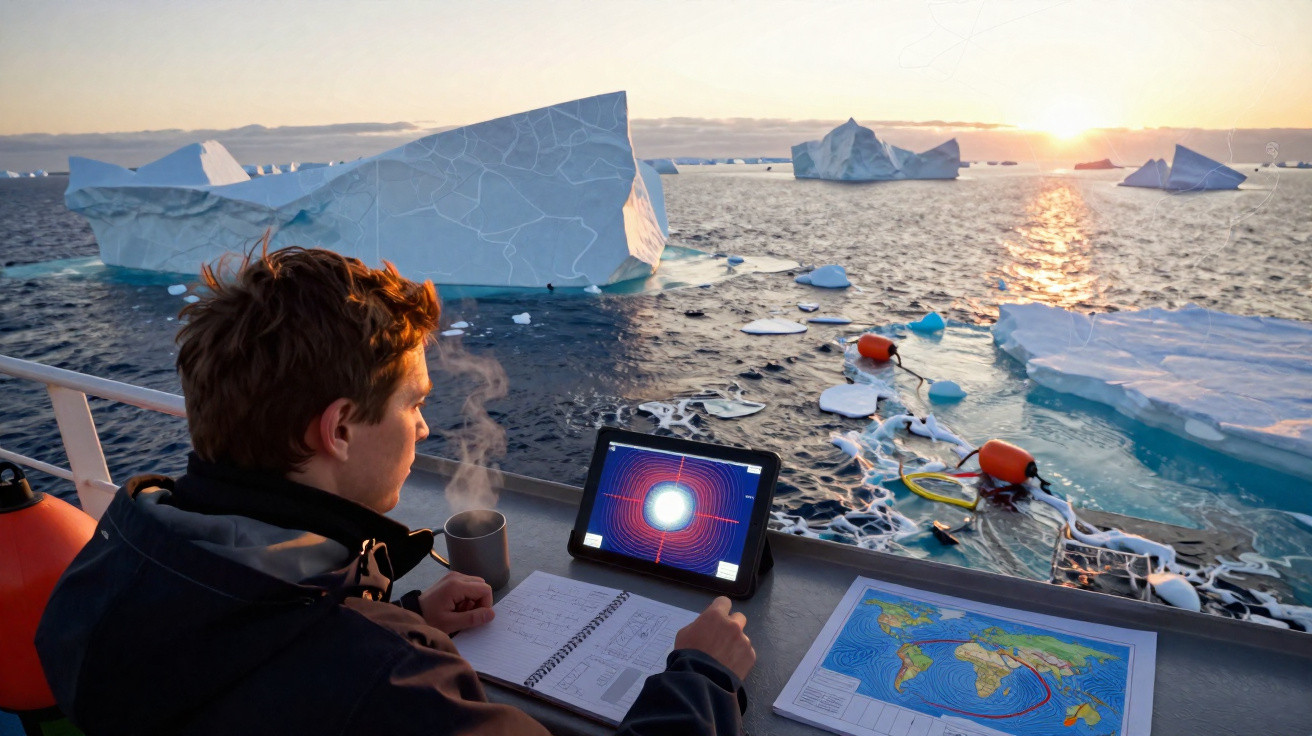 Pessoa com roupa quente bebe chá e trabalha com mapas num barco rodeado de icebergs no pôr do sol.