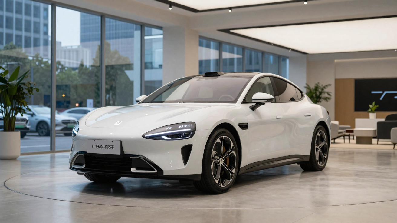 Carro elétrico branco moderno exposto em salão de automóveis com janelas grandes e iluminação interior.