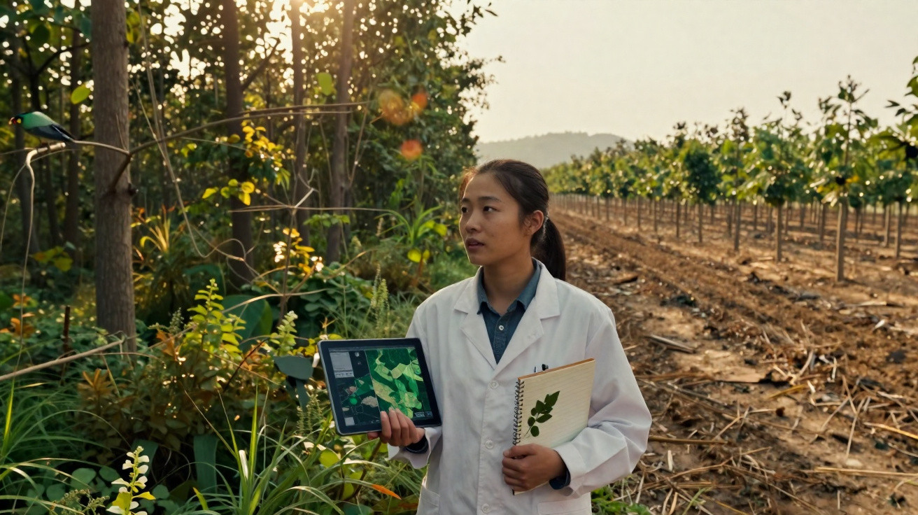 Mulher cientista em laboratório ao ar livre, segurando tablet e caderno com análise de plantas.