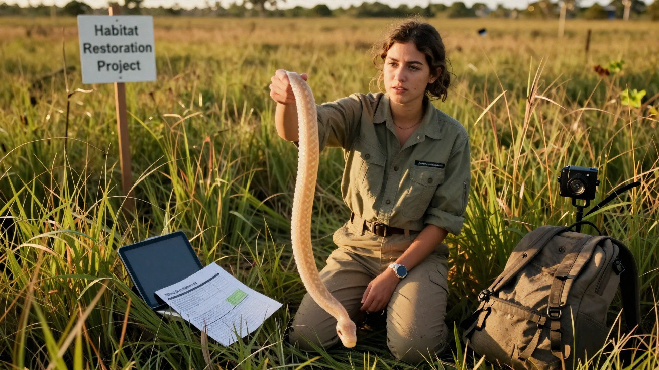 Mulher segura uma cobra albina durante projeto de restauração de habitat em campo aberto.