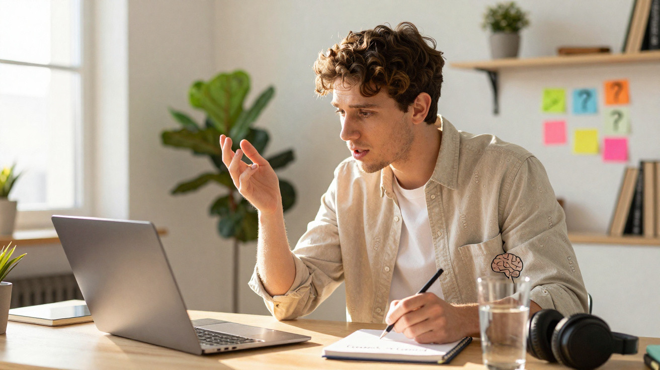 Homem jovem a trabalhar e a escrever num caderno enquanto usa um computador portátil numa mesa de escritório.