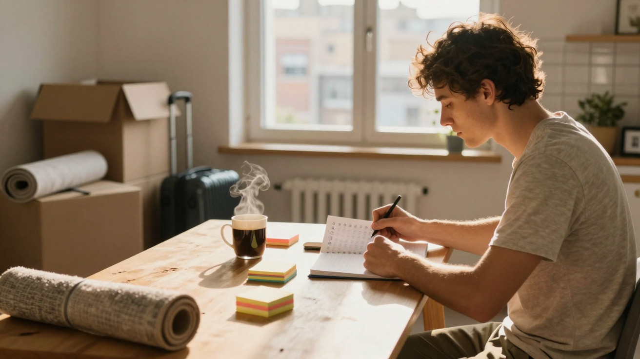 Jovem sentado a escrever numa agenda numa mesa com café quente e caixas de mudança ao fundo.