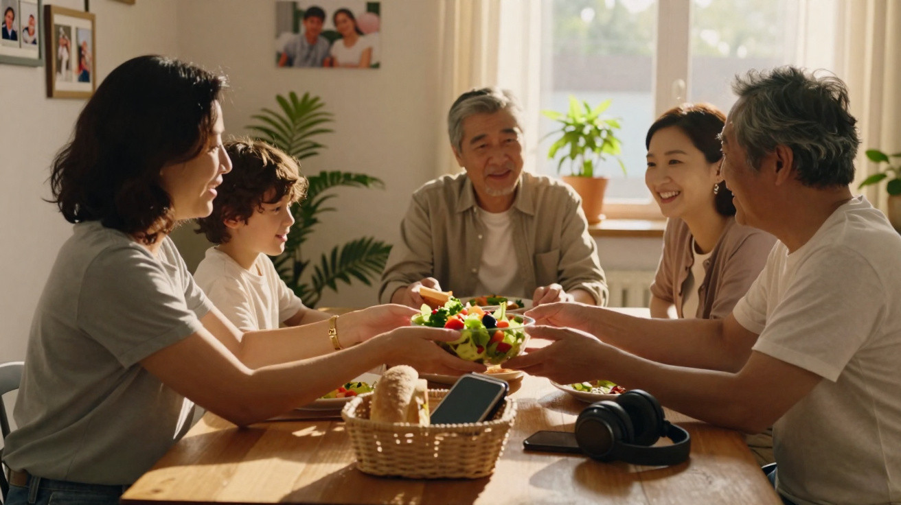 Família multigeracional feliz a partilhar uma refeição caseira ao redor de uma mesa de madeira clara.