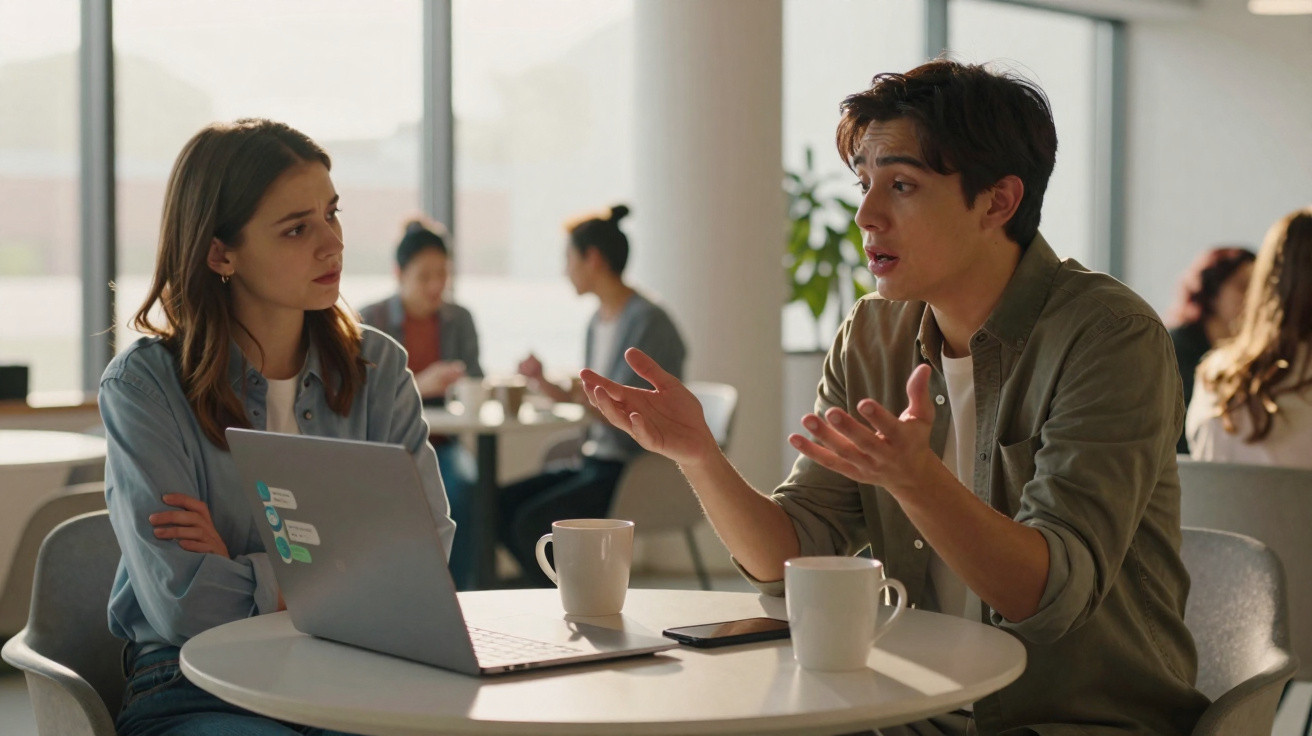 Dois jovens sentados numa mesa a discutir, com computador portátil e canecas, em ambiente de café moderno.