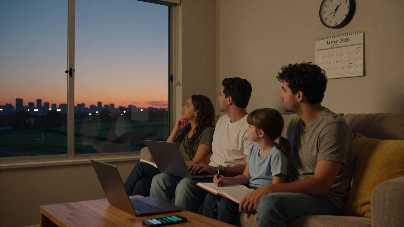 Família sentada no sofá com notebooks e caderno, a olhar pela janela durante o pôr do sol.