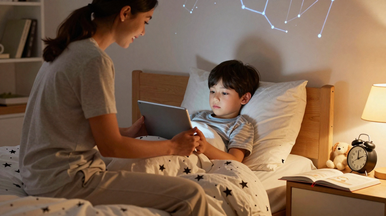 Mulher lê num tablet para menino deitado na cama com pijama às estrelas, luz suave e relógio ao lado.