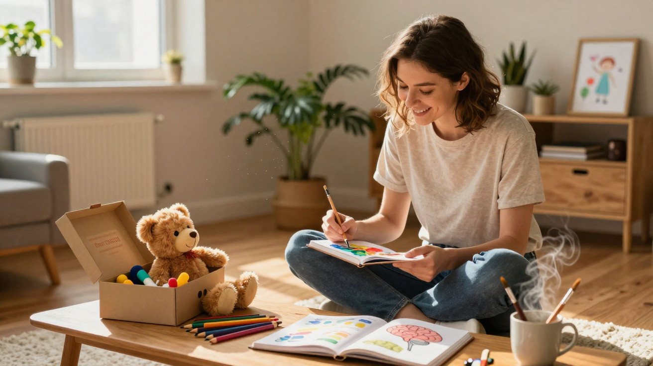 Mulher sentada no chão a pintar num livro com lápis de cor, sorriso no rosto, e urso de peluche numa mesa.