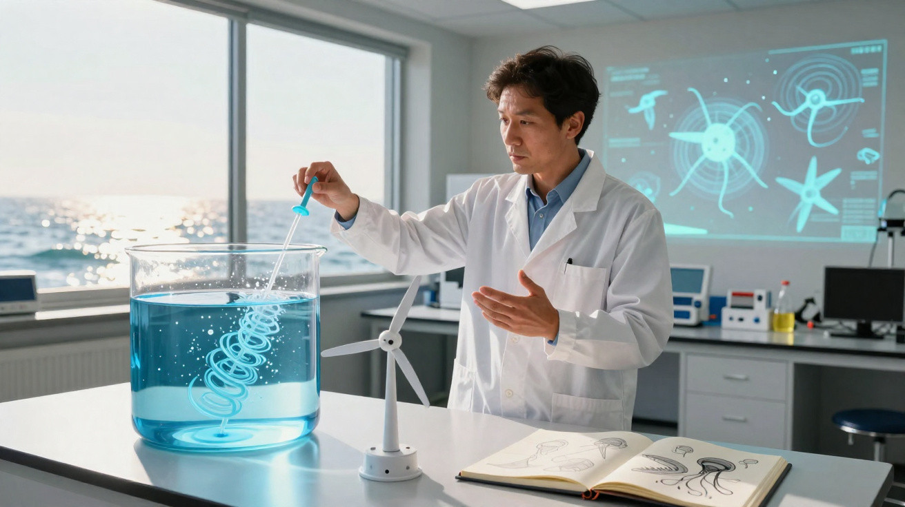 Cientista em laboratório com jaleco a manipular tubo num recipiente com líquido azul, modelos de turbina e desenho técnico.
