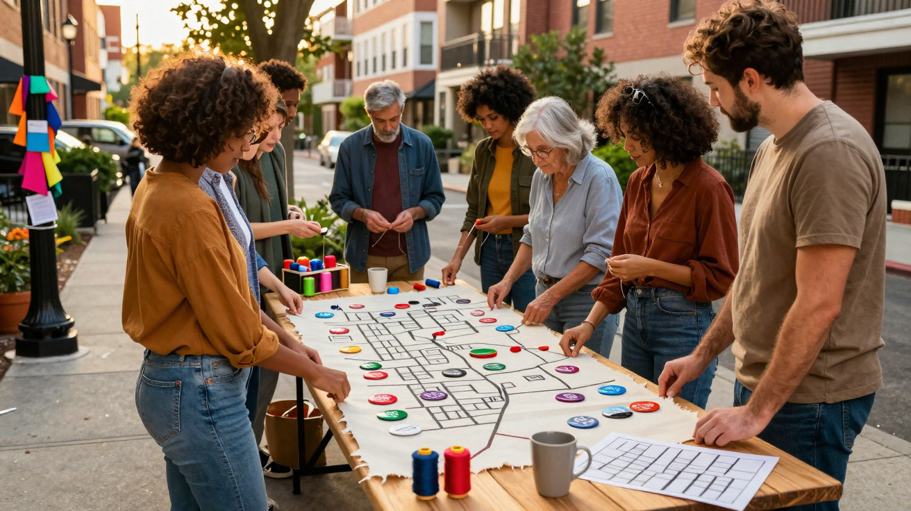 Grupo diverso de pessoas reunidas ao ar livre a planear num grande mapa colorido sobre uma mesa de madeira.