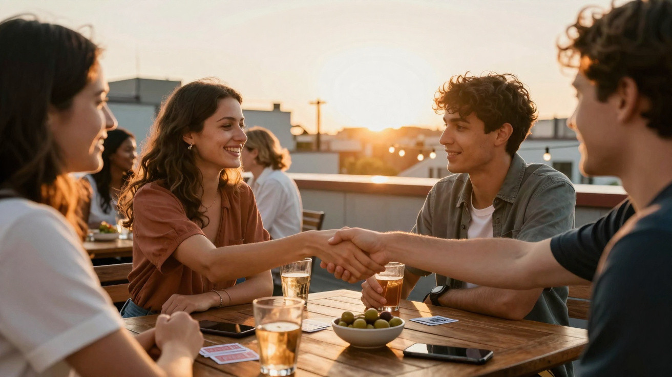 Jovens a cumprimentarem-se com aperto de mãos numa mesa ao ar livre ao pôr do sol com bebidas e cartas.
