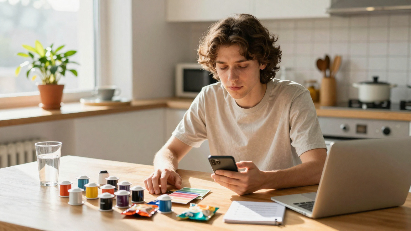 Jovem sentado numa cozinha com amostras de cores, cápsulas de café e dispositivo móvel na mão.