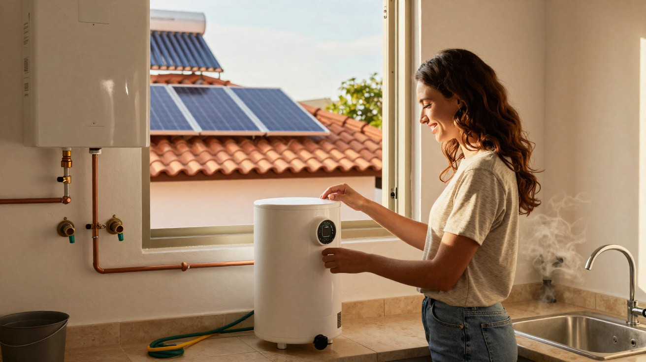 Mulher ajusta termostato de esquentador branco em cozinha com painel solar na janela.