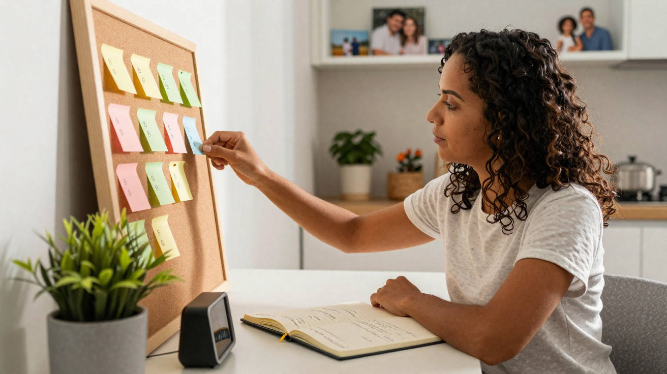 Mulher a organizar notas coloridas num quadro de cortiça enquanto consulta um caderno numa mesa.