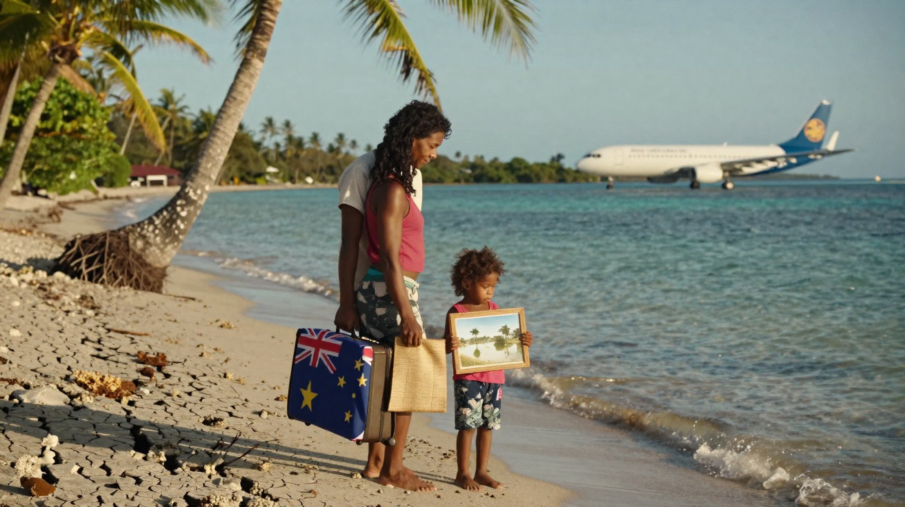 Mãe e filho estão na praia com malas, olhando para um avião a descolar perto da água.