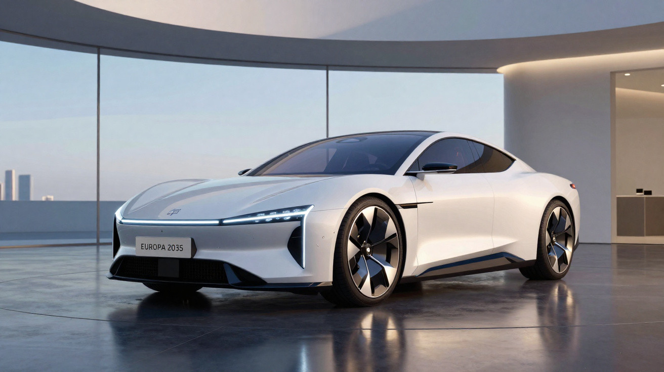 Carro desportivo elétrico branco com design futurista estacionado em ambiente minimalista interior.