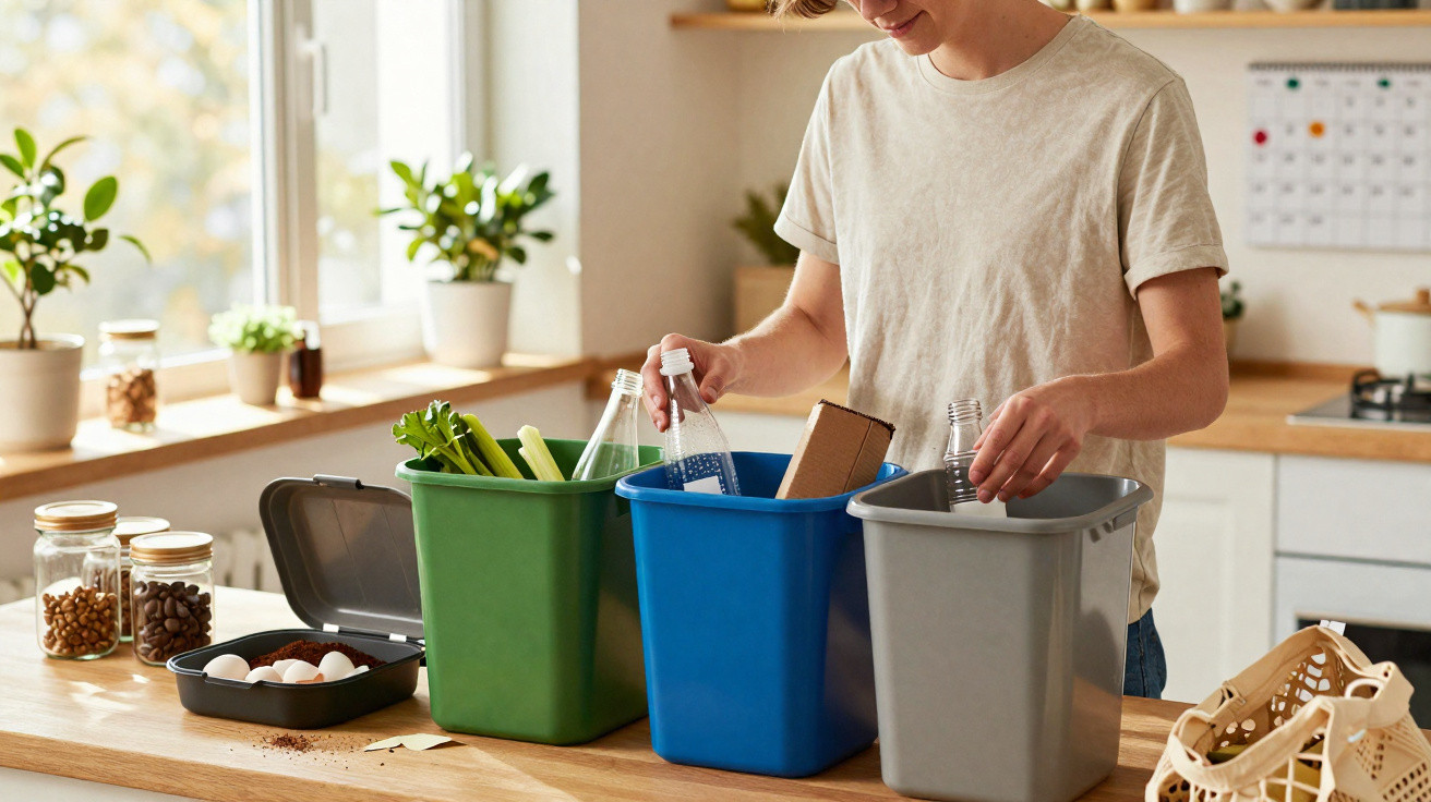 Pessoa a separar resíduos em três contentores de reciclagem numa cozinha luminosa.