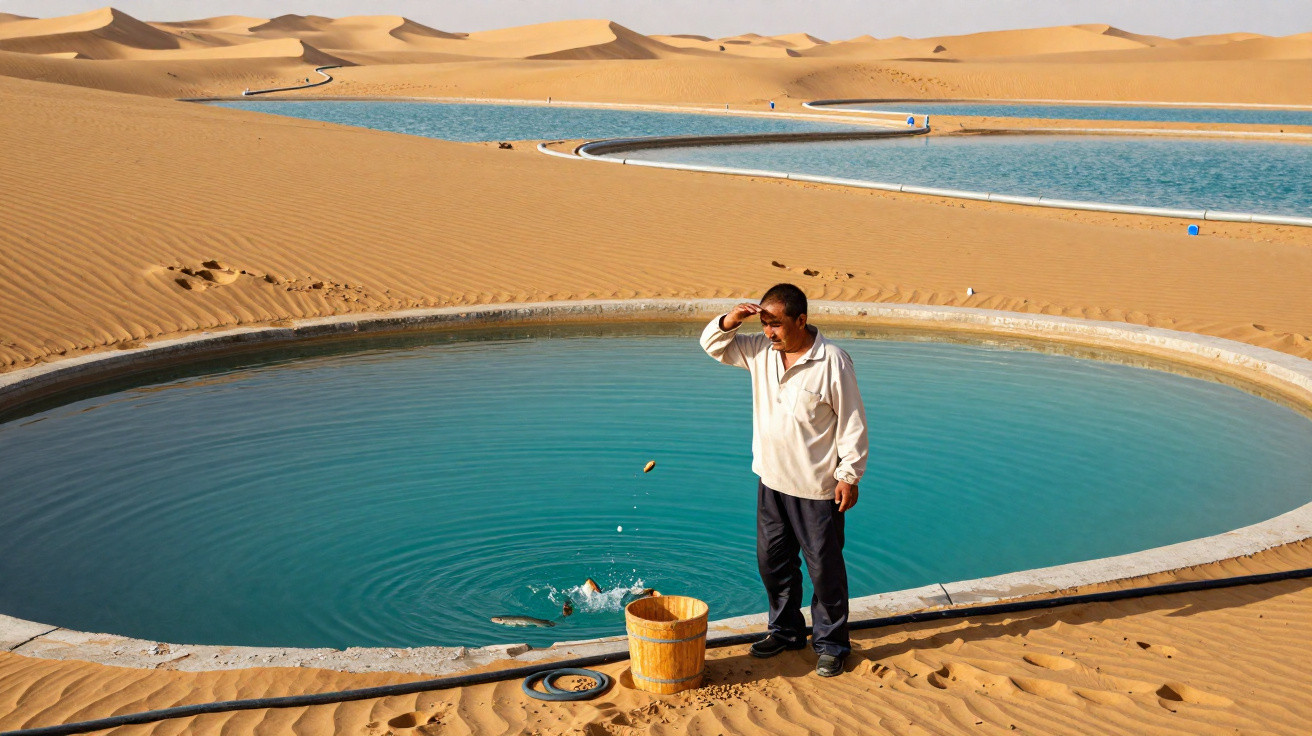 Homem a observar lagos artificiais redondos num deserto de areia com balde e mangueira junto.