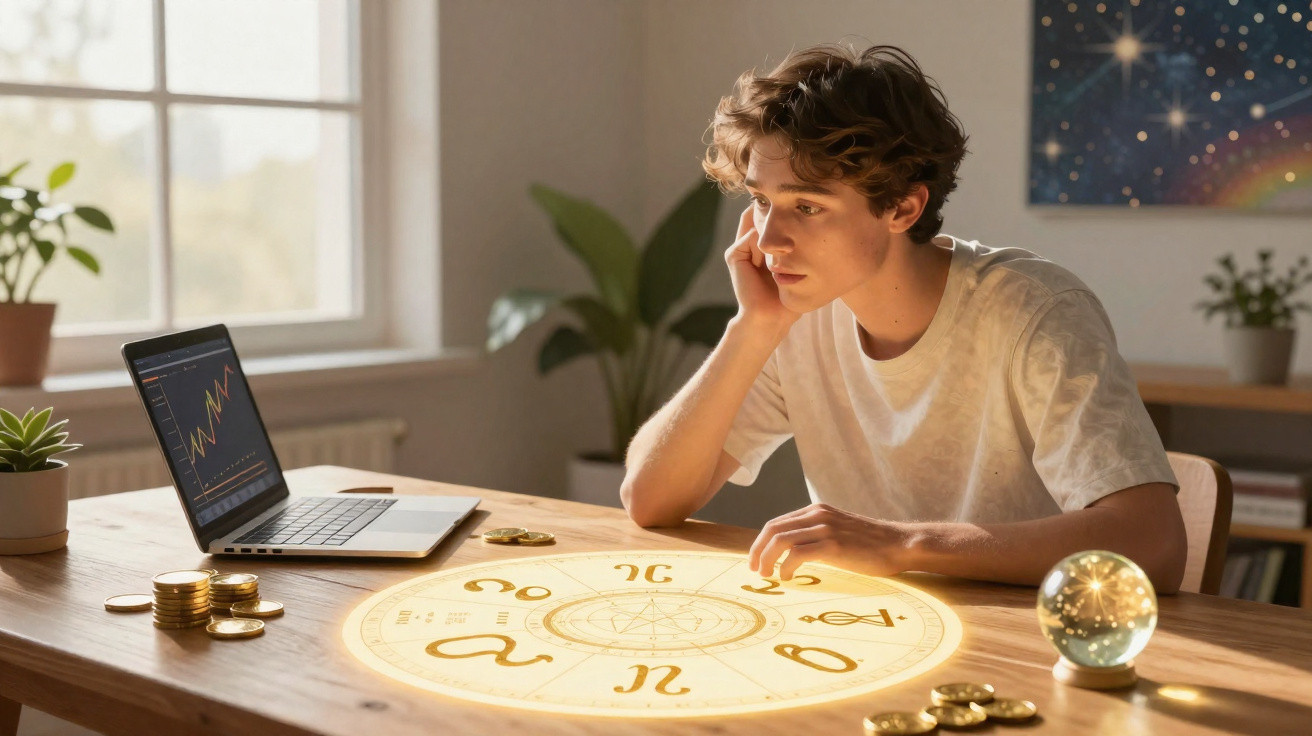 Jovem sentado à mesa com computador e gráfico, olhando para ilustração holográfica de signos do zodíaco.