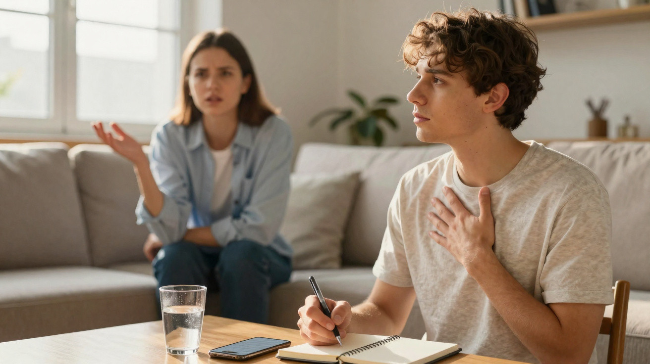 Homem a escrever num caderno enquanto mulher discute sentada no sofá ao fundo numa sala iluminada.