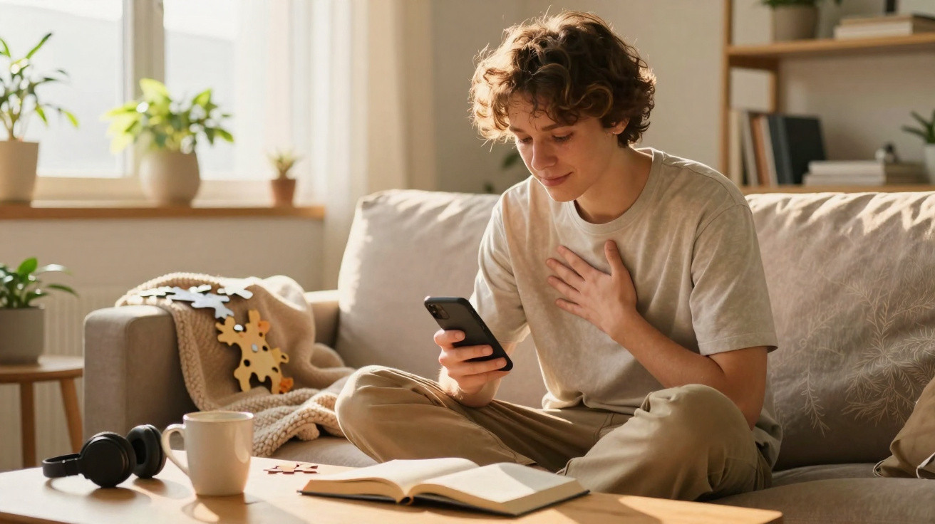 Jovem sentado no sofá a ler mensagem no telemóvel, com uma mão no peito, rodeado de livros e chá.