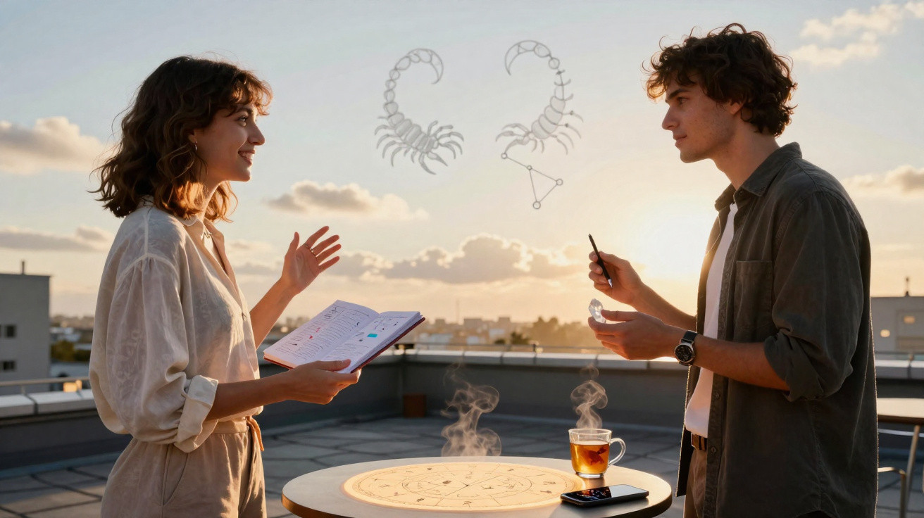 Dois jovens discutem signos do zodíaco ao pôr do sol numa esplanada com chá fumegante sobre a mesa.