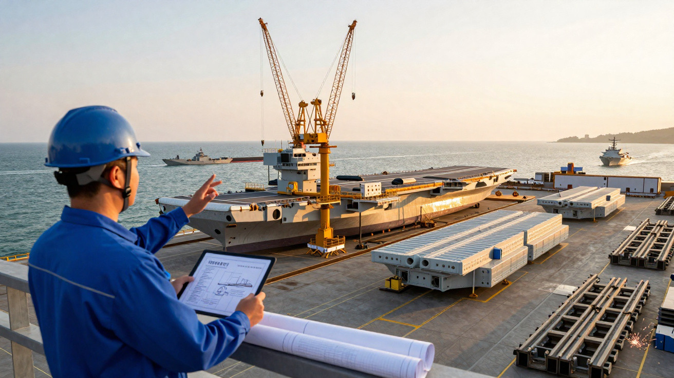 Trabalhador com capacete e tablet inspeciona construção naval com guindastes e estrutura de navio ao pôr do sol.