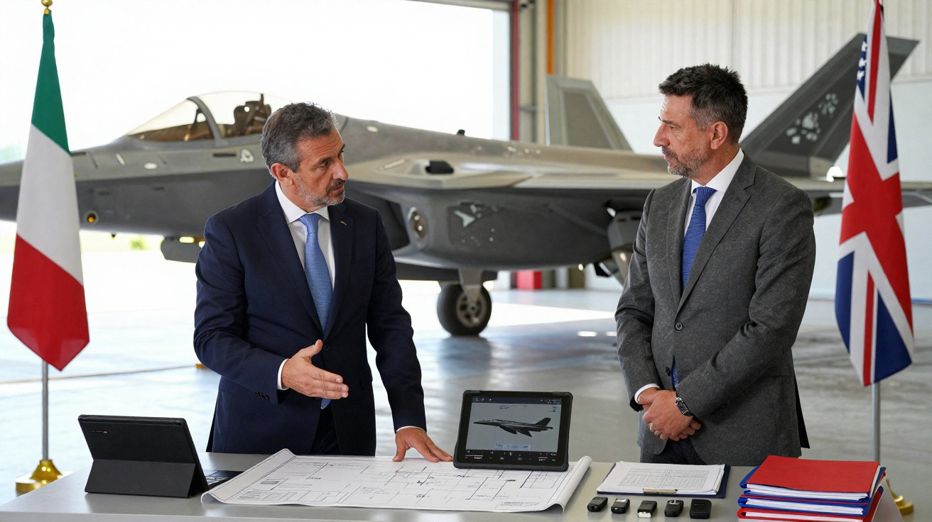 Dois homens em fato junto a uma mesa com plantas e tablets, com avião militar e bandeiras da Itália e Reino Unido ao fundo.