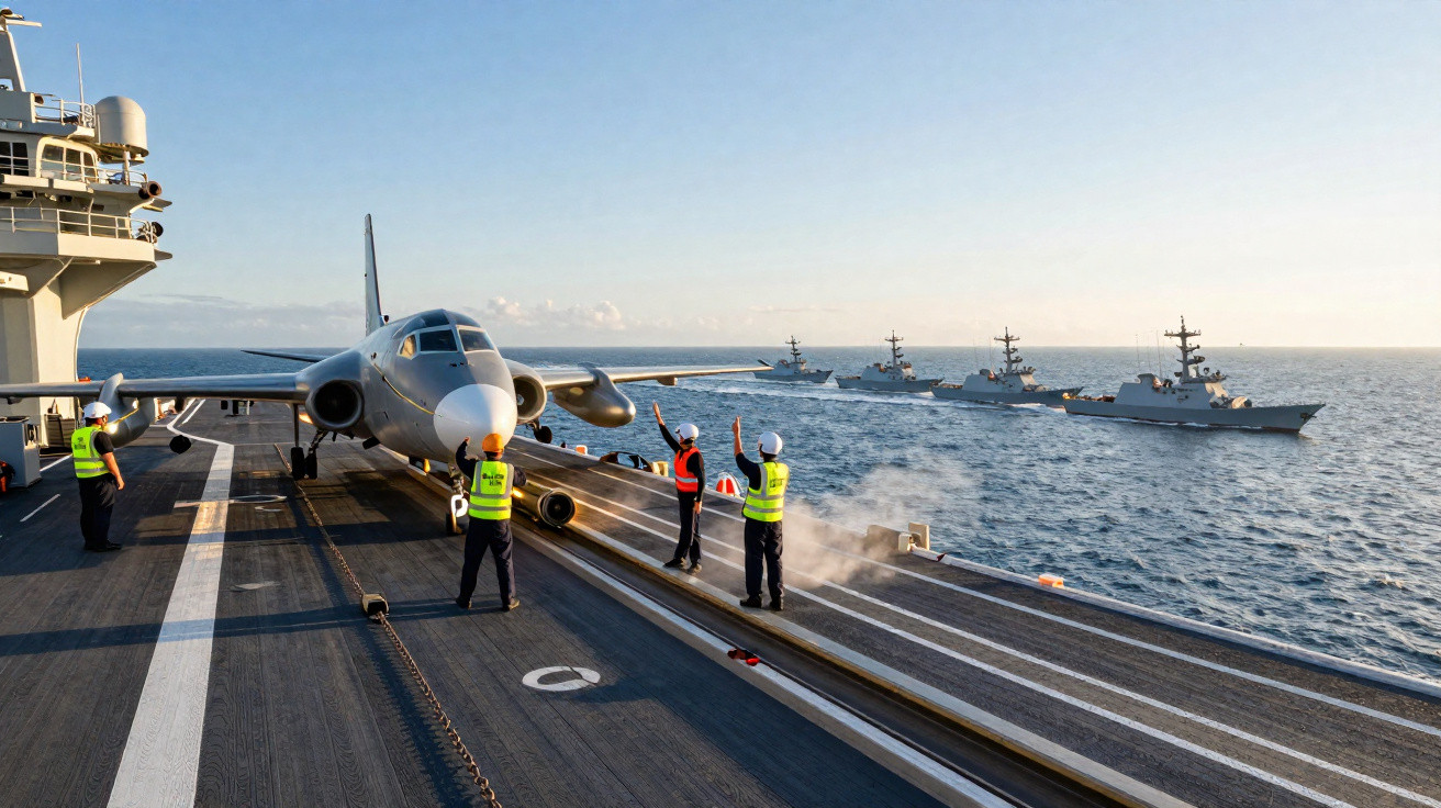 Avião militar a bordo de um porta-aviões com quatro navios de guerra no mar ao fundo, com tripulantes a sinalizar.