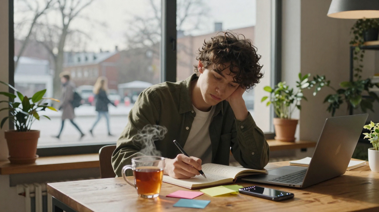 Jovem a estudar junto a uma janela com chá quente, plantas, telemóvel e portátil numa mesa de madeira.