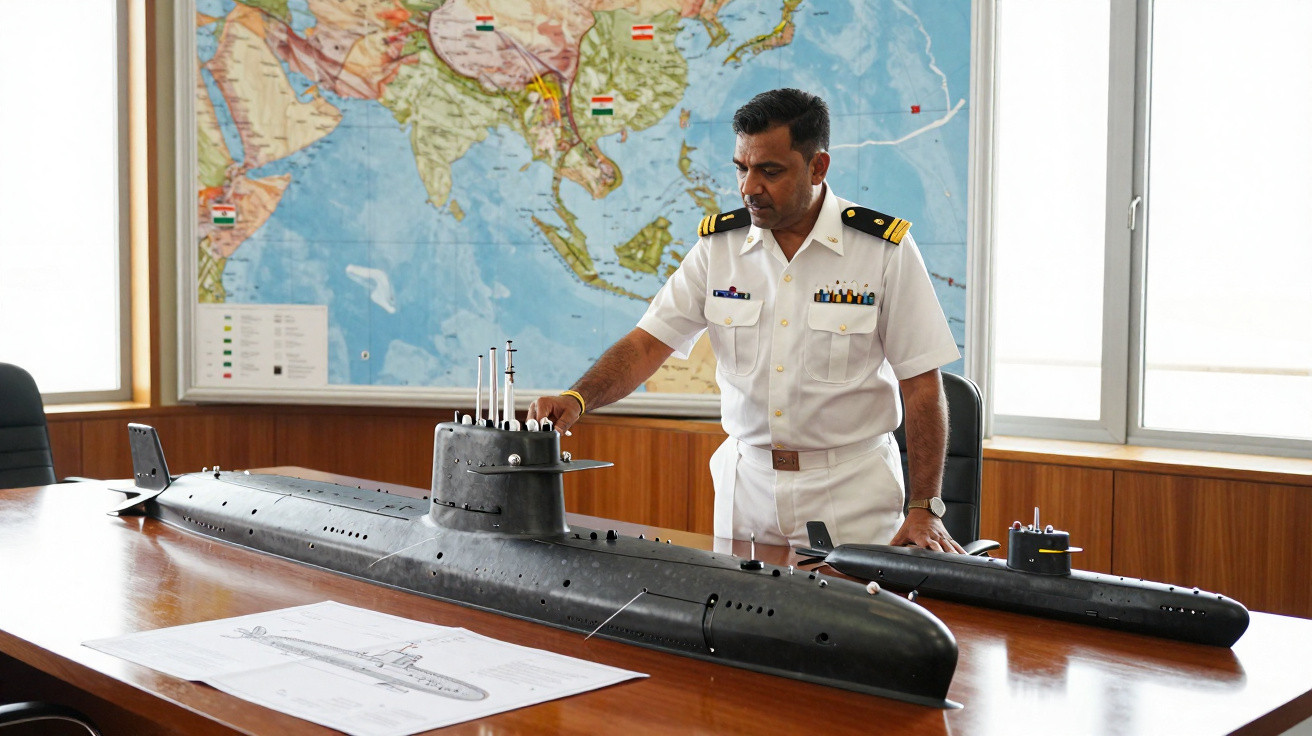 Oficial naval em uniforme branco observa maquetes de submarinos numa sala com mapa mundial ao fundo.