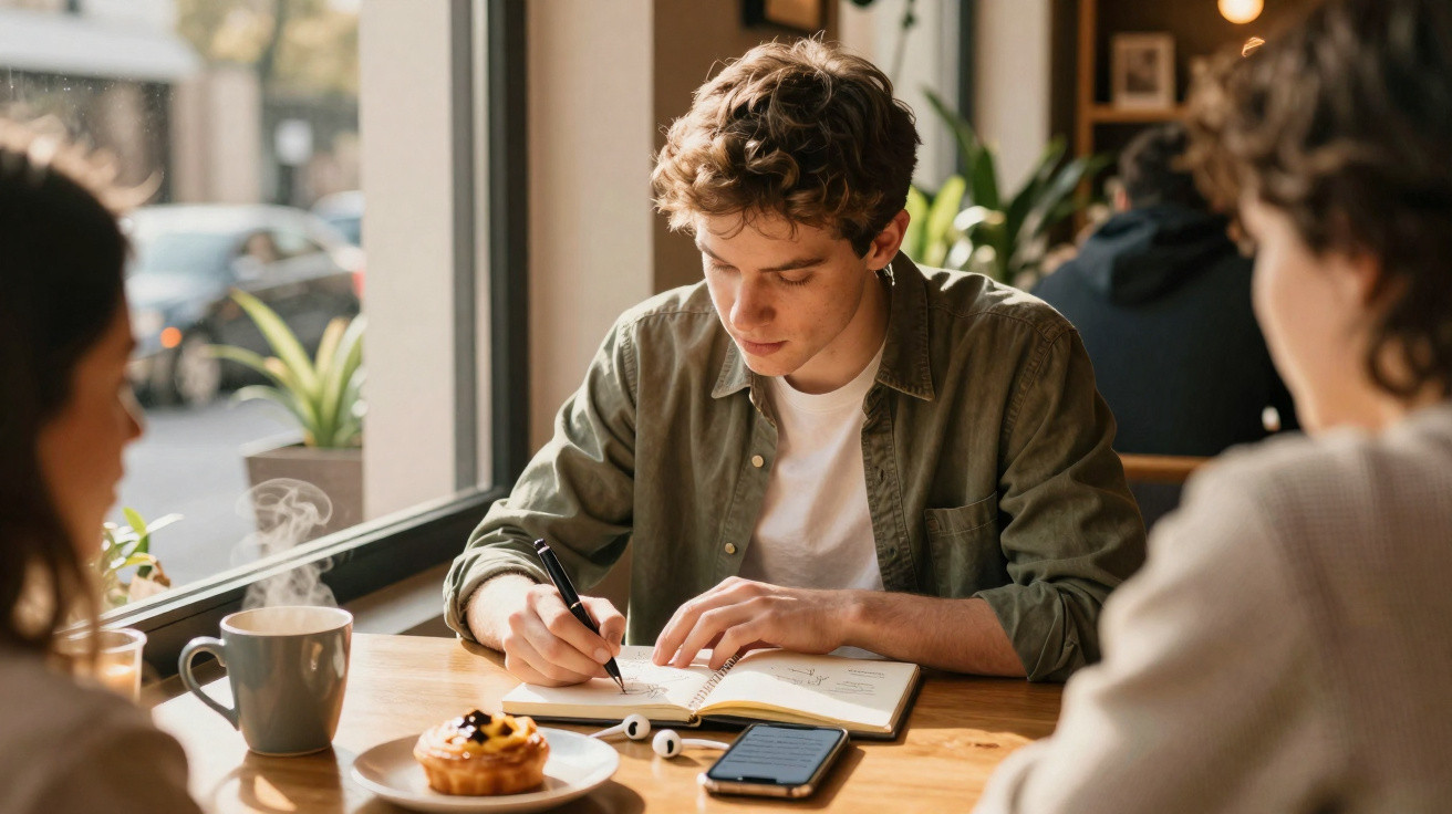 Jovem sentado à mesa de café a escrever num caderno, com duas pessoas ao seu lado e chá quente na mesa.