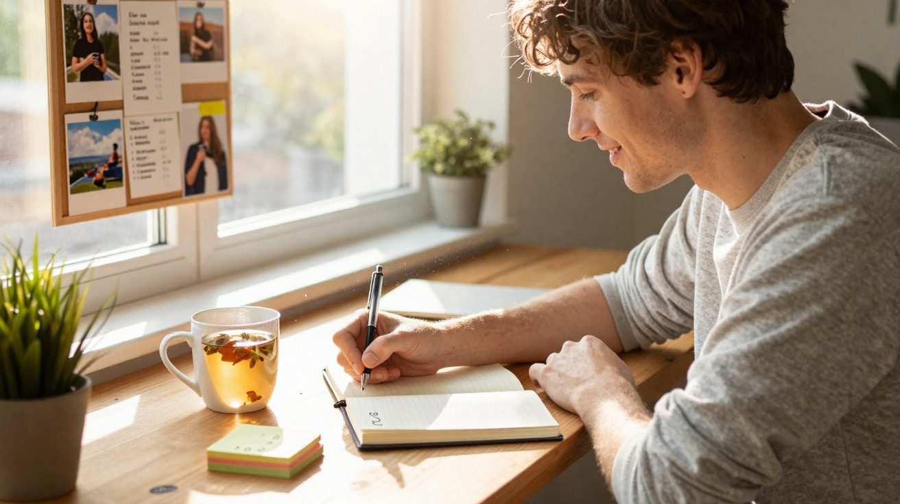 Homem jovem a escrever num caderno junto a uma janela com chá e plantas num ambiente iluminado e acolhedor.