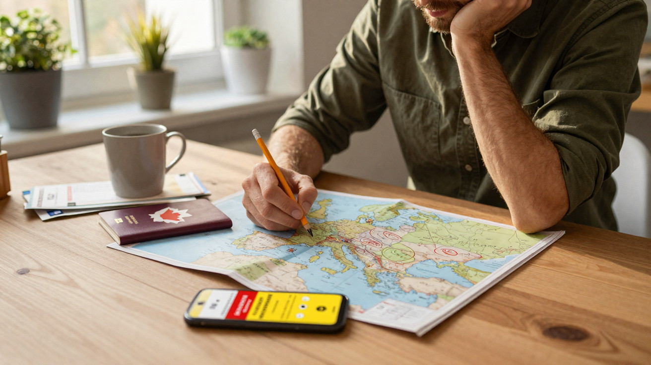 Homem sentado a planear viagem na Europa com mapa, passaporte, telefone e caneca numa mesa de madeira.