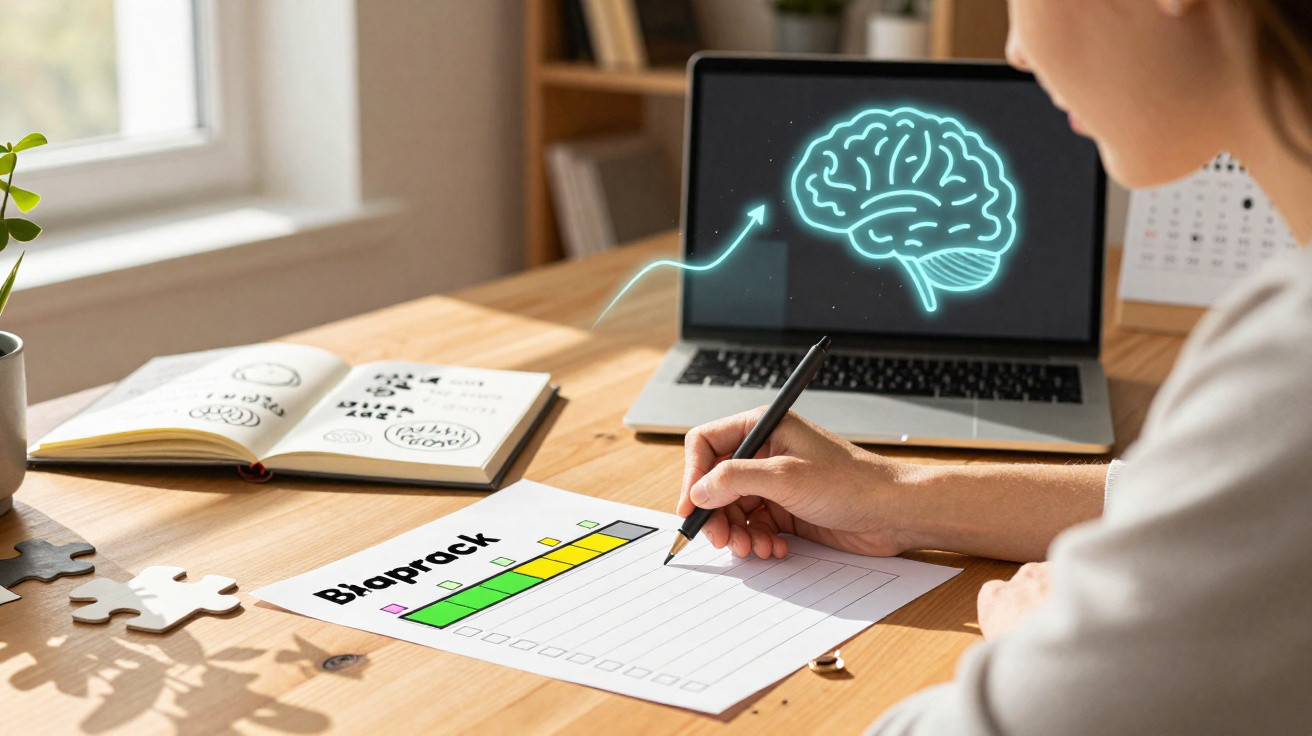 Pessoa a preencher gráfico de progresso Biopack à frente de computador com ilustração de cérebro digital.
