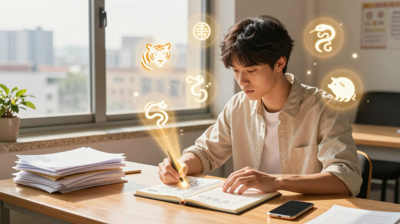 Rapaz a desenhar símbolos místicos num caderno numa sala iluminada por luz natural.