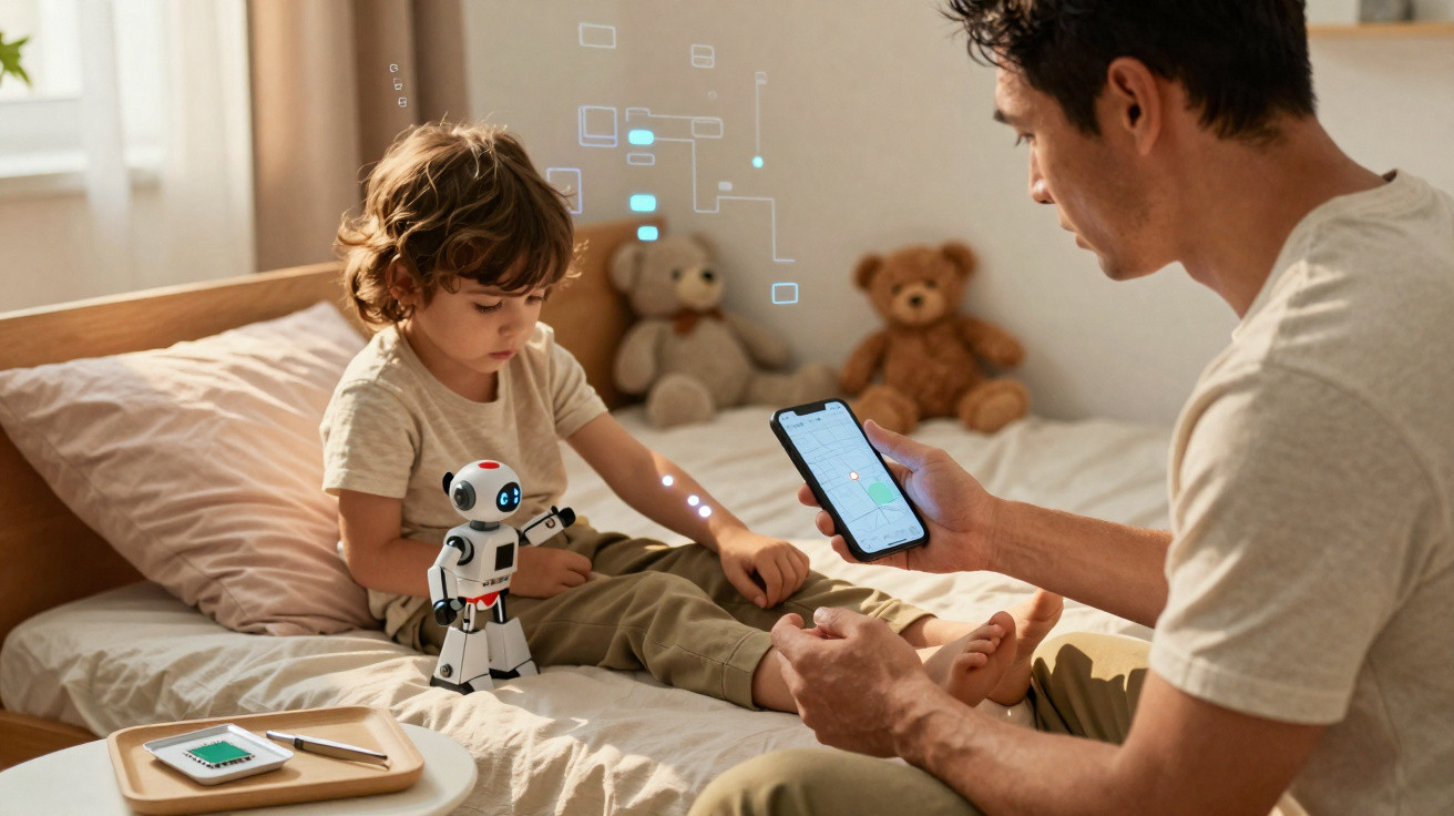 Criança sentada na cama com robô a brincar enquanto adulto mostra smartphone com mapa.