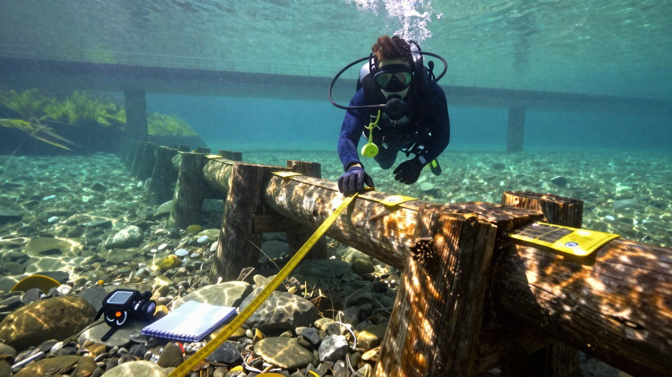 Mergulhador a medir estrutura de madeira submersa com fita métrica num rio de água clara e fundo pedregoso.