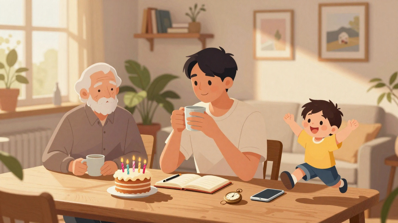 Três gerações de homens sentados à mesa celebrando um aniversário com bolo e chá numa sala luminosa.