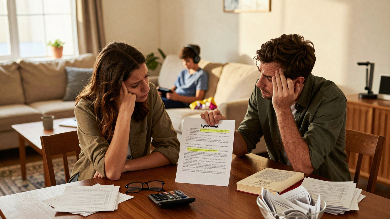 Casal preocupado a analisar um contrato e contas num ambiente doméstico, com criança ao fundo no sofá.