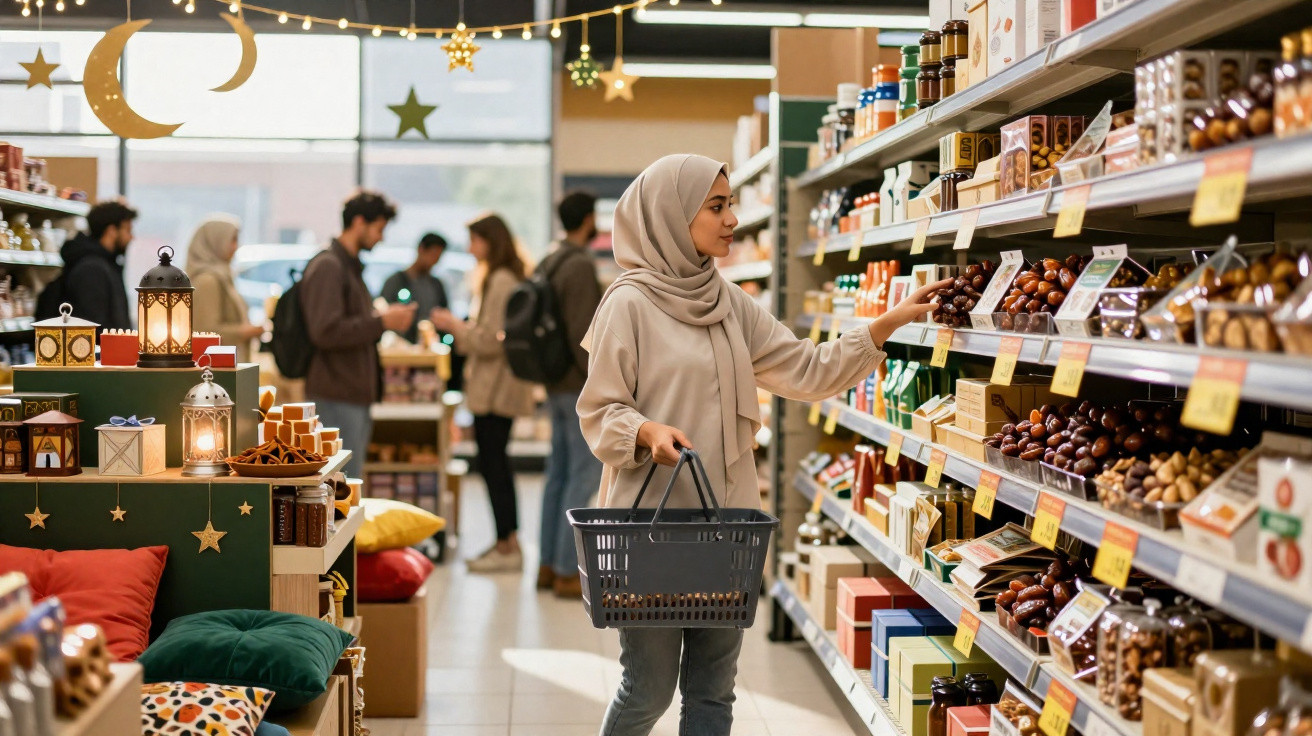 Mulher de hijab com carrinho de compras escolhe produtos em prateleira de supermercado decorado com lanternas e estrelas.