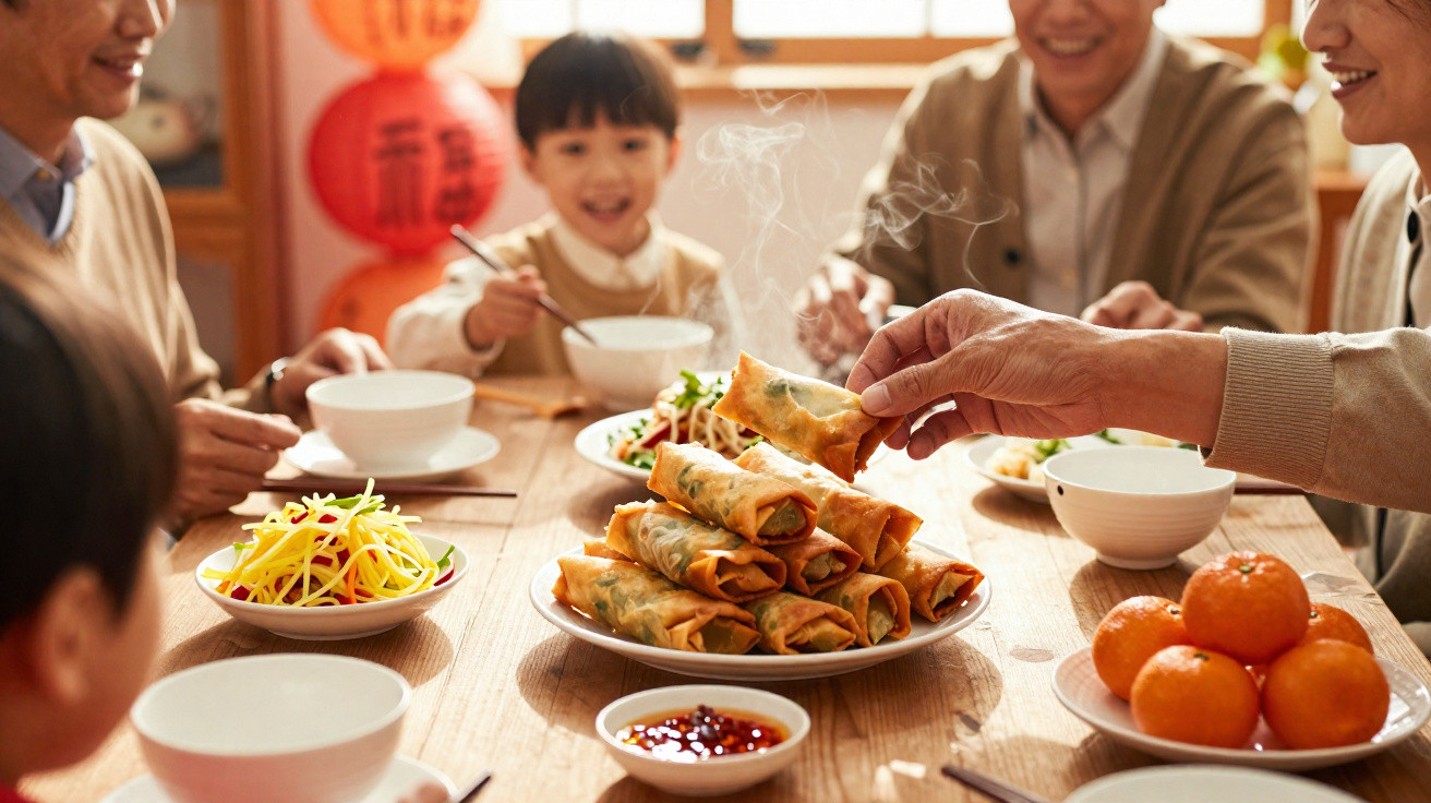 Família feliz a partilhar uma refeição com rolinhos primavera, frutas e noodles numa mesa de madeira.