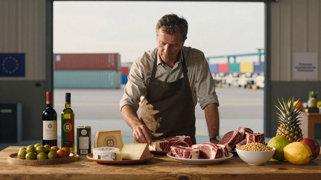 Homem com avental corta carne numa mesa com queijo, frutas, azeitonas, azeite e vinho num armazém.