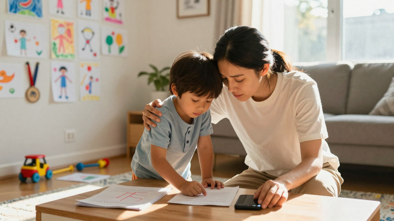 Mulher ajuda menino com lição de casa numa sala com desenhos nas paredes e brinquedos no chão.