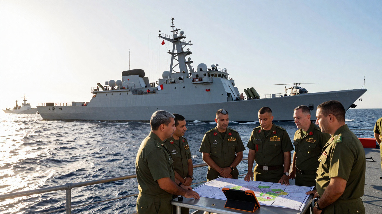 Seis militares em uniformes verdes analisam um mapa a bordo de um navio de guerra no mar, com outra embarcação ao fundo.