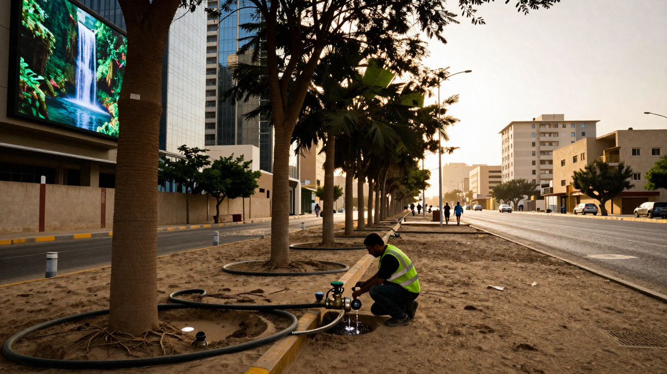 Trabalhador com colete refletor instala sistema de rega junto a árvores numa avenida urbana ao pôr do sol.