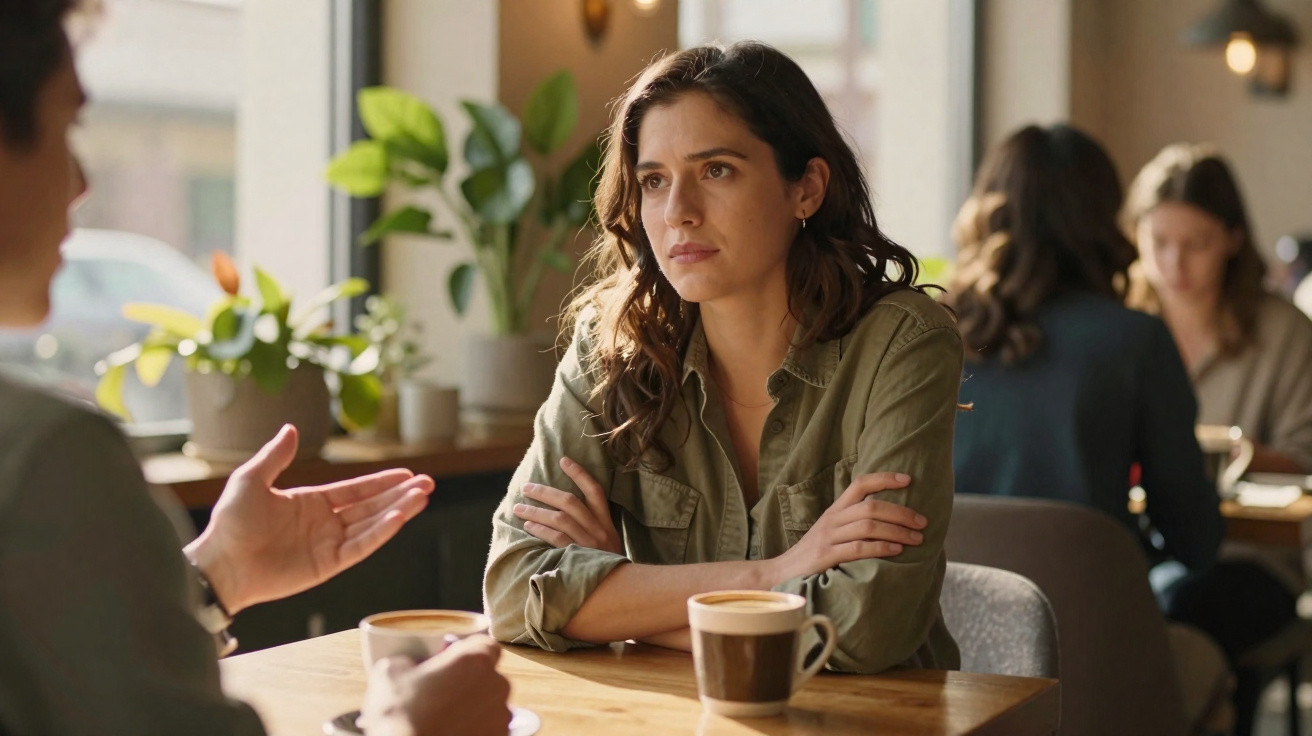Mulher sentada numa mesa de café, com expressão séria, a ouvir nova pessoa gesticulando.