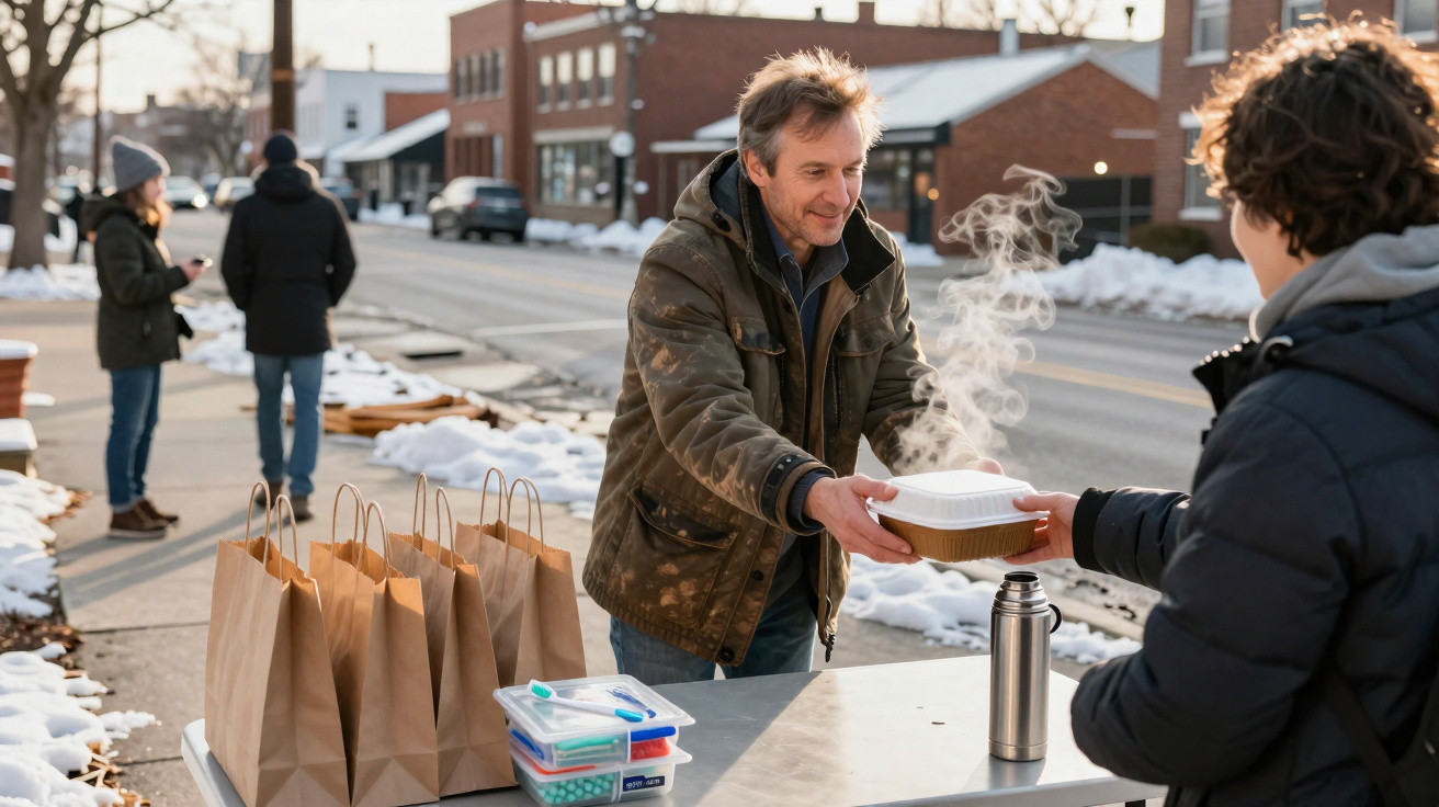 Homem entrega comida quente a pessoa na rua numa mesa com sacos ao ar livre em dia frio com neve.