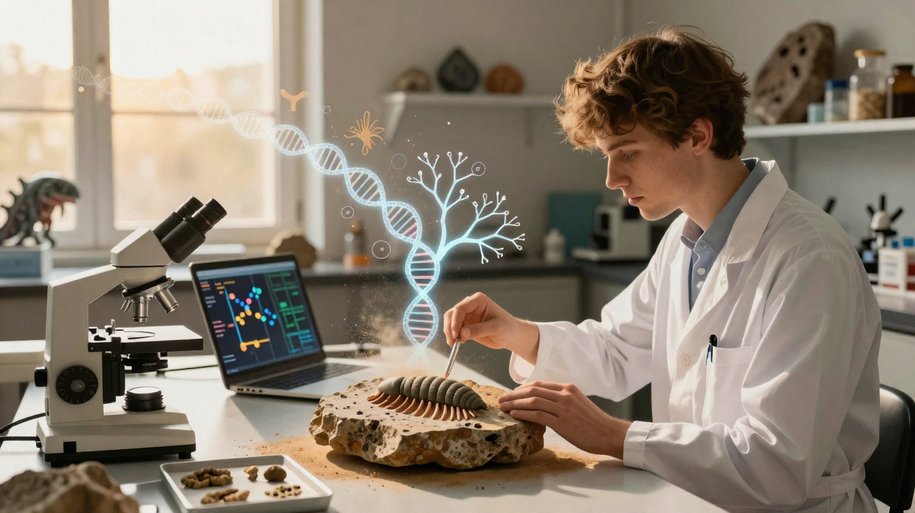 Jovem cientista em laboratório analisa fóssil com auxílio de computador e microscópio, com visualização digital de DNA.