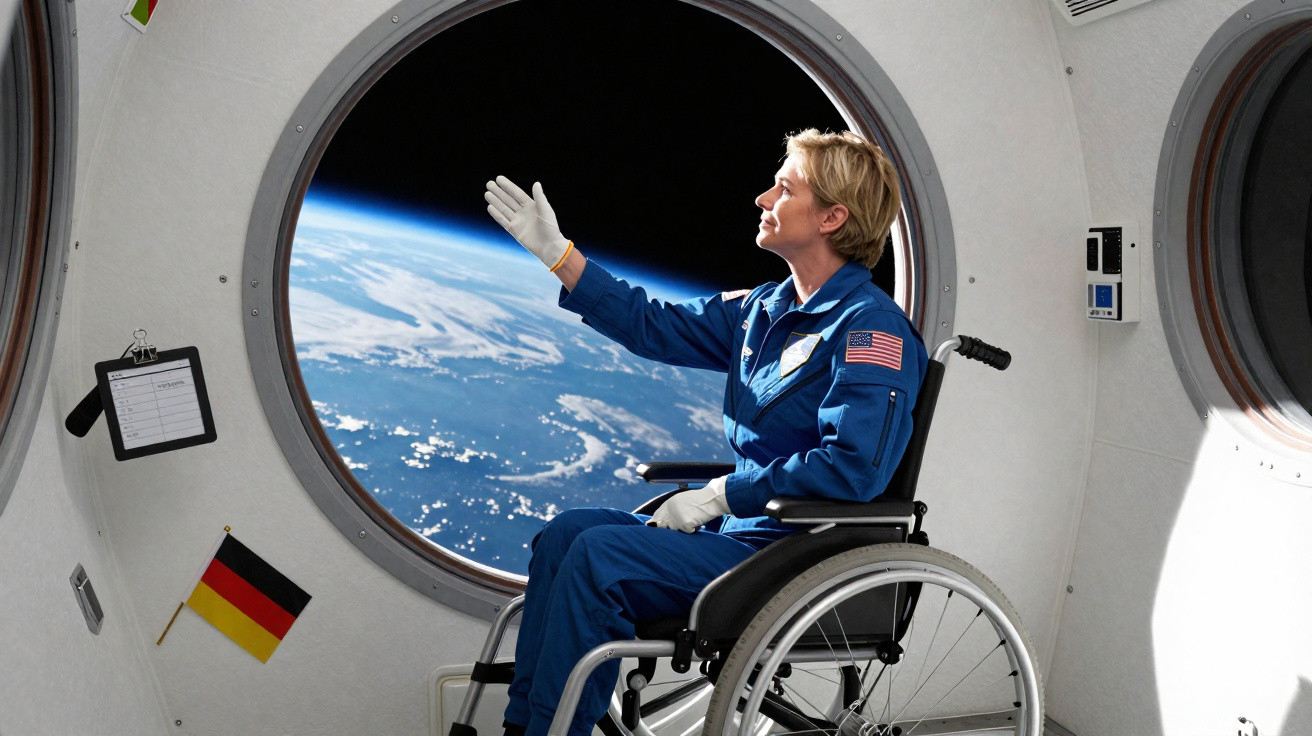 Astronauta em cadeira de rodas observa a Terra através da janela de uma estação espacial.